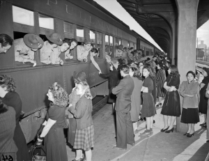 Vintage image of Denver Union Station passengers