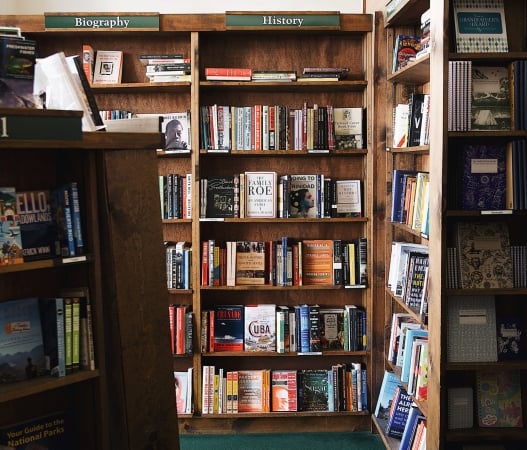 The bookshelves at The Tattered Cover Book Store