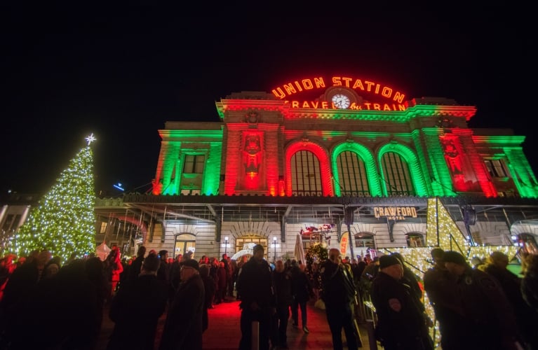 Denver Union Station coloured Red & Green for Christmas
