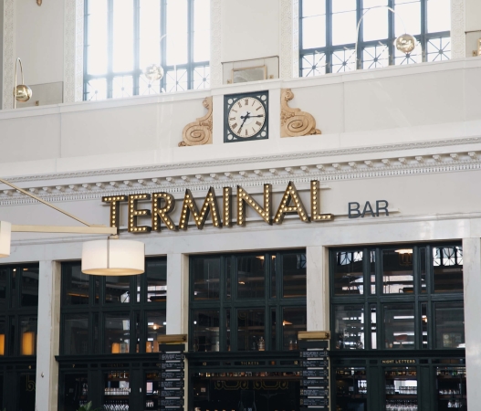 The exterior of Terminal Bar at the Crawford Hotel in Denver, Colorado.